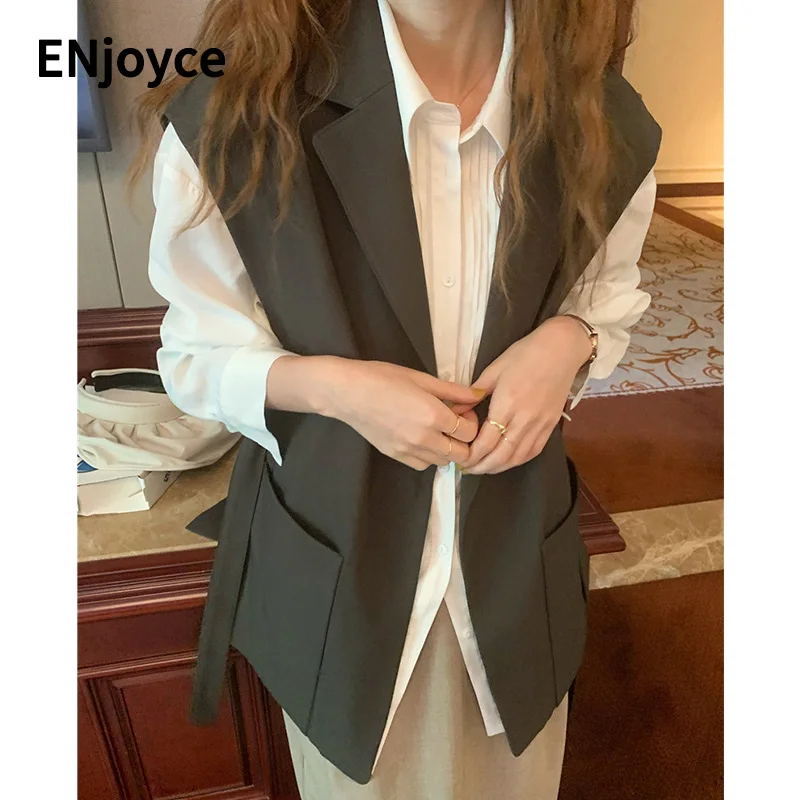 

Spring Women Vintage High-class Strappy Suit Vest with Belt Female Sleeveless Blazer Vests Coats Women's Jacket Chic Tops
