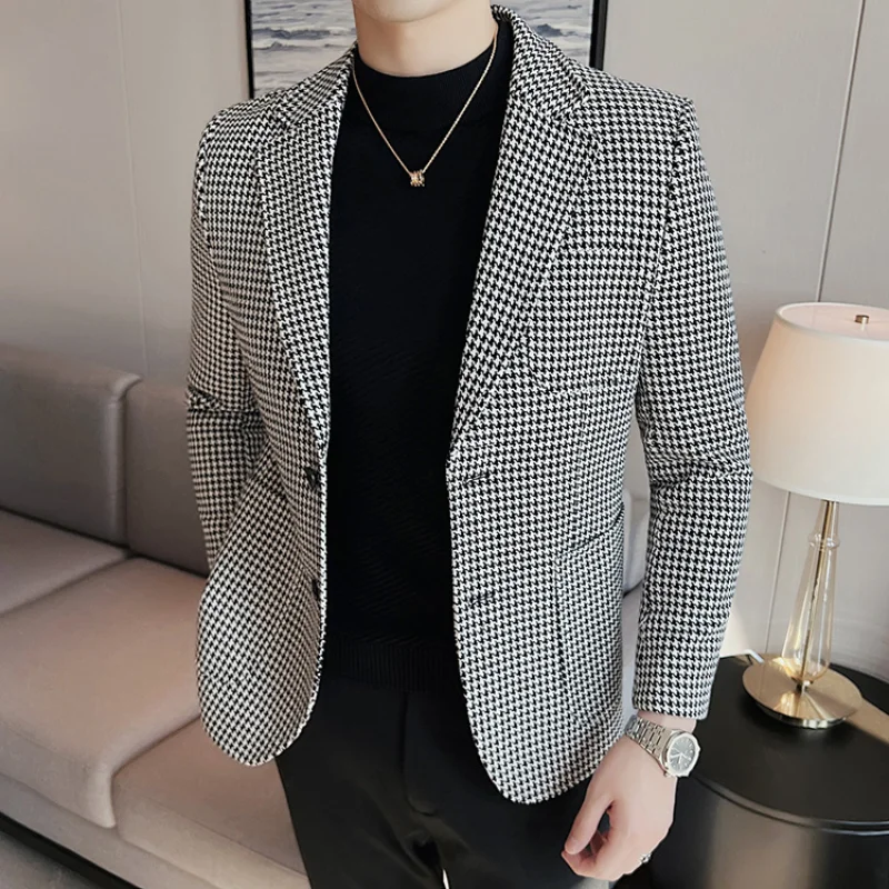 Fashion Houndstooth Men's Blazers Winter Thicken Casual Business Dress Suit Jackets Social Wedding Coat Streetwear Men Clothing