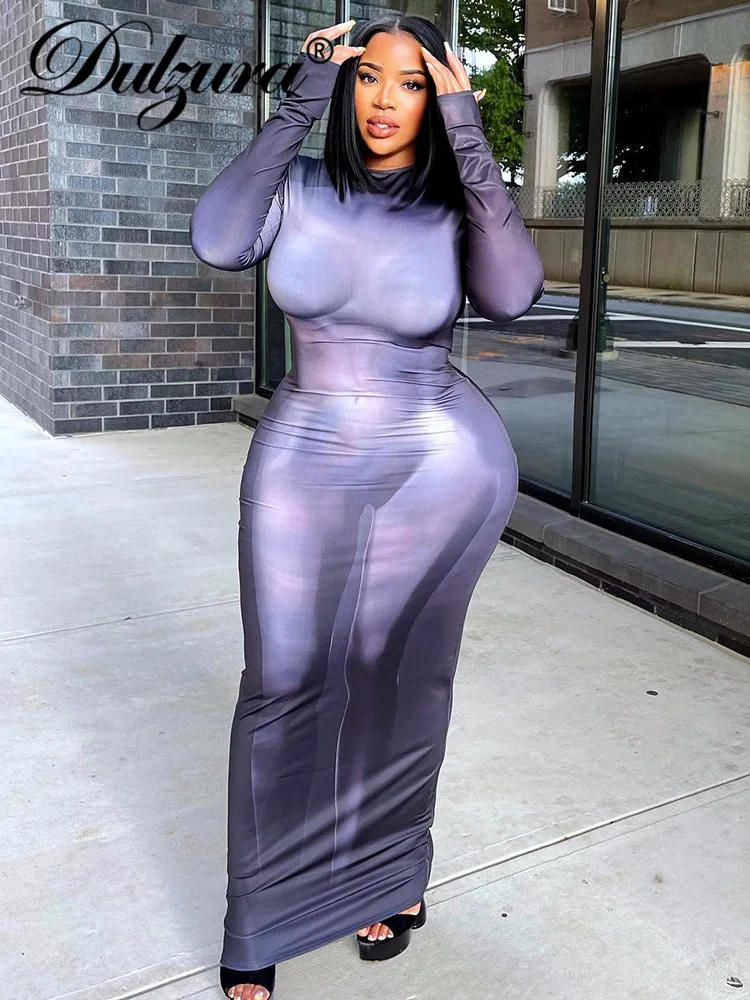 

Dulzura Autumn Sexy Y2K Clothes Tie Dye Print Long Sleeve O-Neck Bodycon Maxi Dresses For Women 2022 Club Party Elegant Outfits