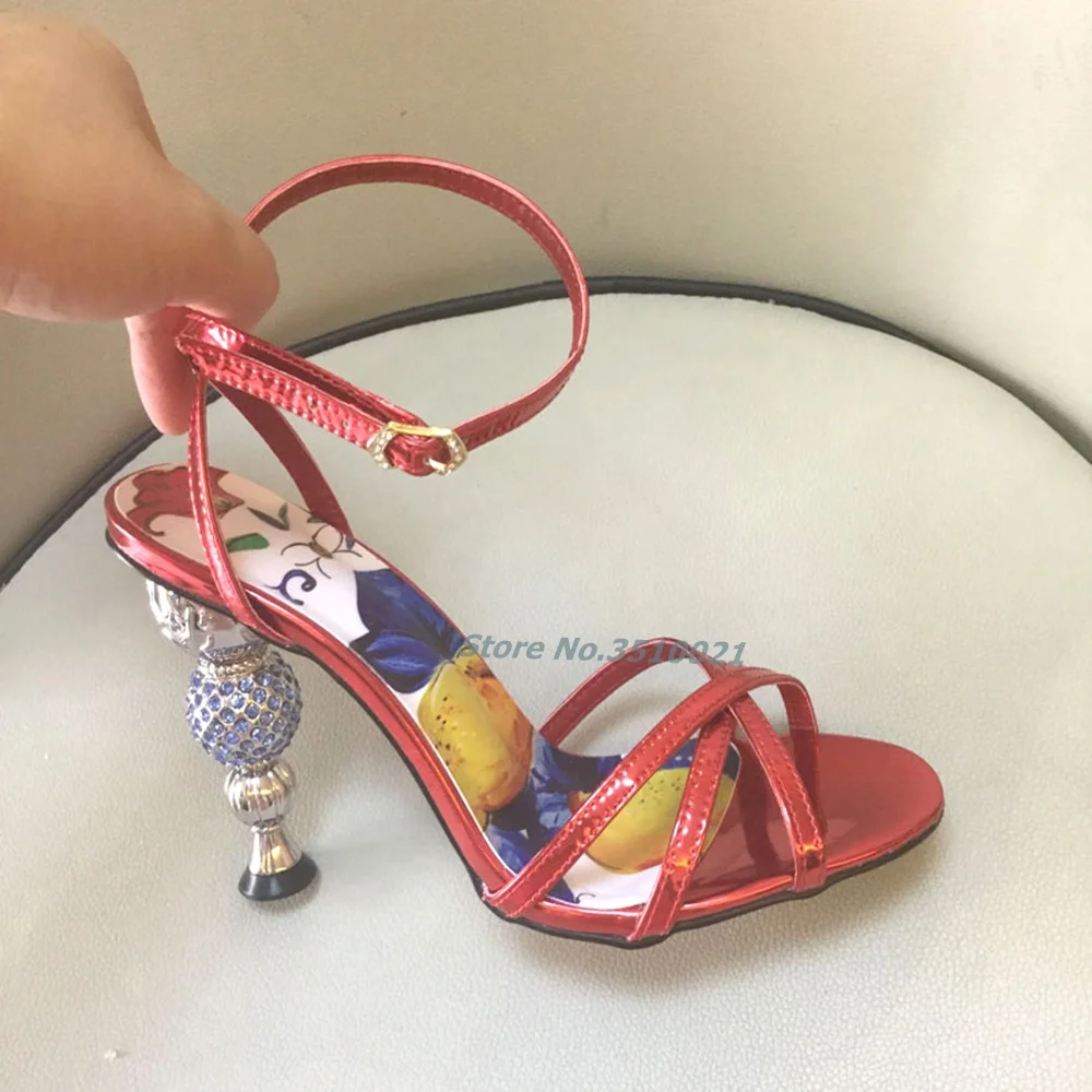 Diamond-studded Cylindrical Heel 2022 Summer New Colorblock Cross Strap Sandals Multicolor Novelty Style Summer Women's High Hee