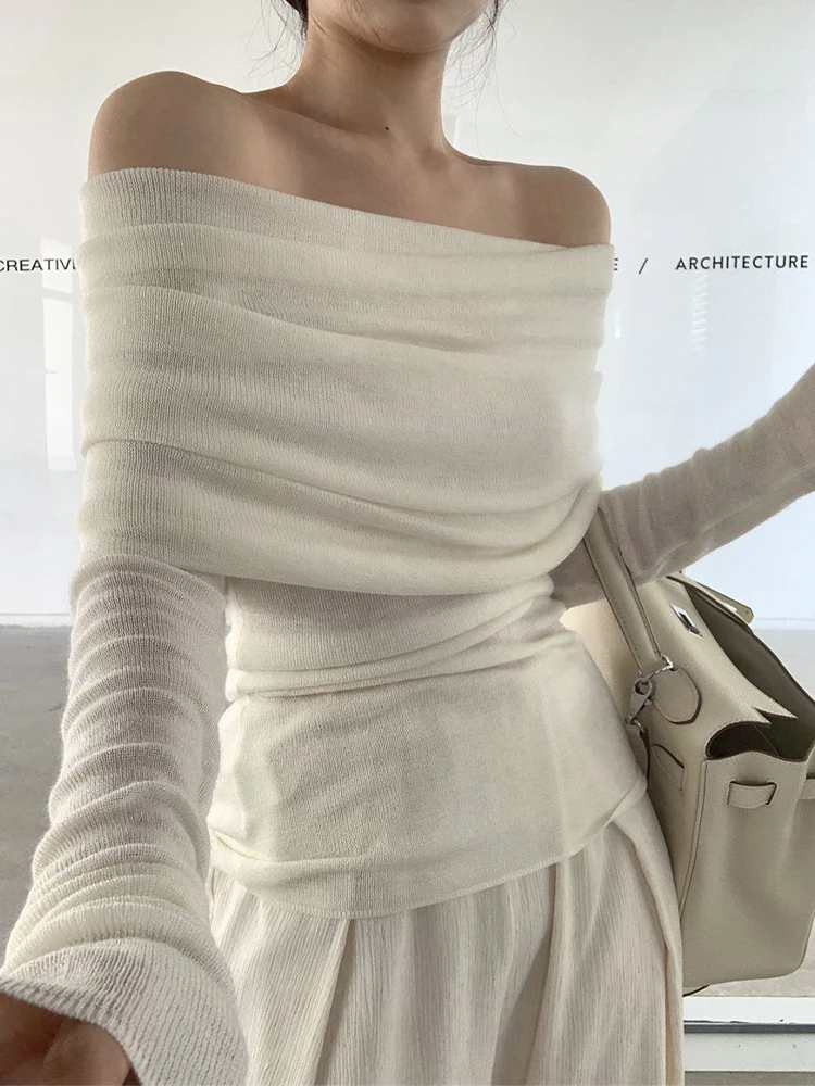 

Off Shoulder Long Sleeve Tops Women Autumn Slim Pleated T-shirt Female Sexy Fashion Casual Thin Knitted Sweater Ladies 2023