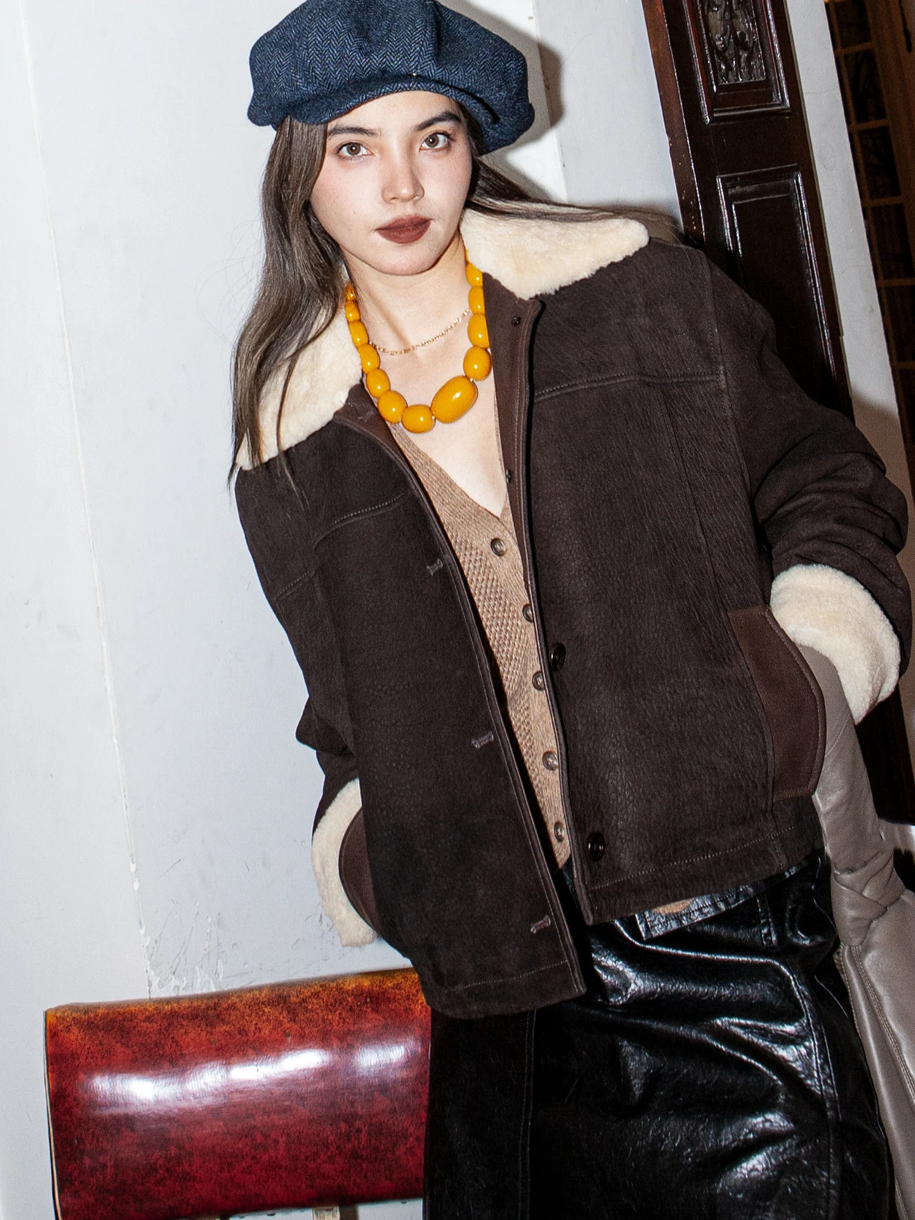 Версия RRL Purple Label Limited 80svtg Южноафриканская замшевая кожа Mernu с меховым воротником