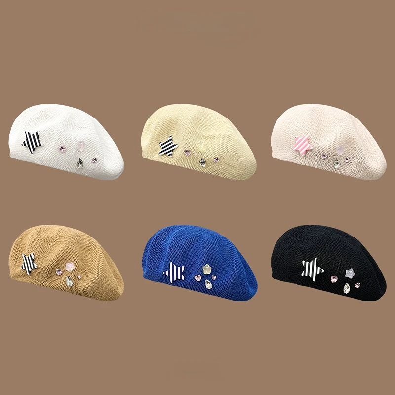 

Японские милые береты 2023, милая вязаная дышащая шапка художника со звездами, сезон весна-лето, нишевой дизайн, повседневные Универсальные женские шапки