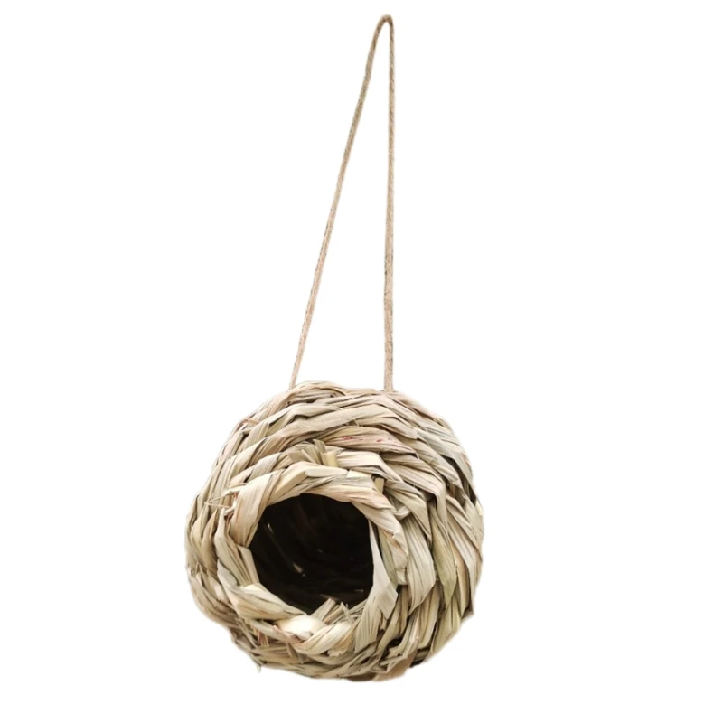 

Round Birds Nest Cage Natural Grass Hand Woven Bird House Outdoor Hanging Bird Hut Shelter Garden Decor