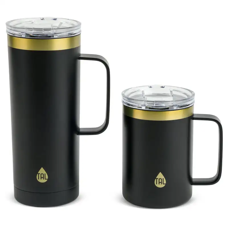 

Handy 2 Pack: 20 & 12 fl oz Black & Gold Steel Mountaineer Coffee Mugs