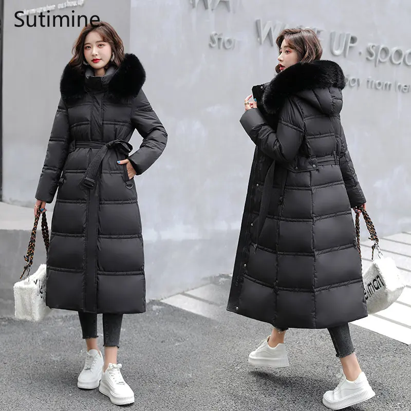 Winter Coat Women Office Lady Adjustable Waist Women Coat with Large Fur Collar and Slim Down Cotton Padded Jacket Coat Women