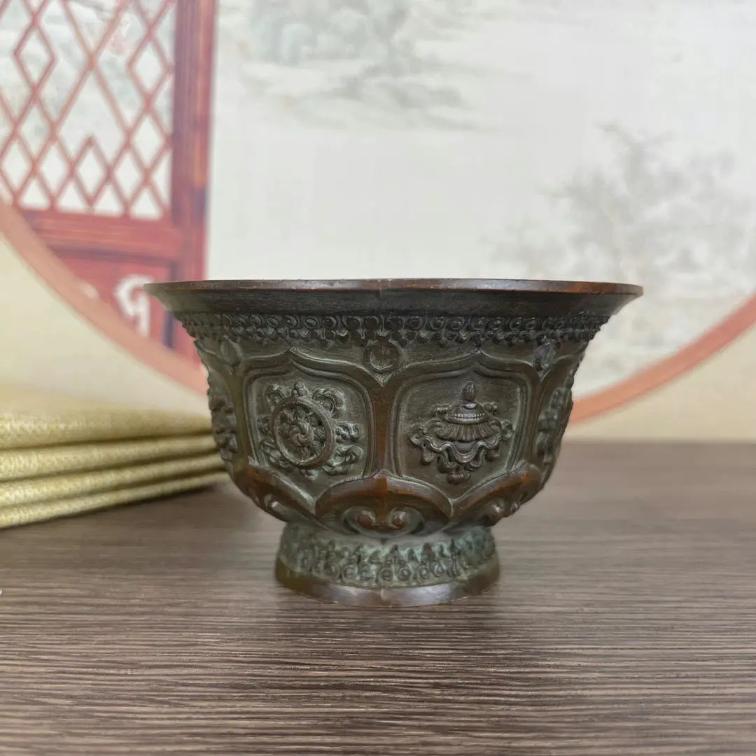 Винтажная медная чаша с восемью сокровищами лотоса приносит удачу и