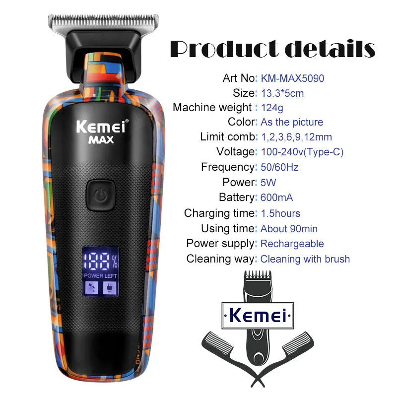 Kemei-5090 Машинка для стрижки волос с цифровым дисплеем Профессиональный