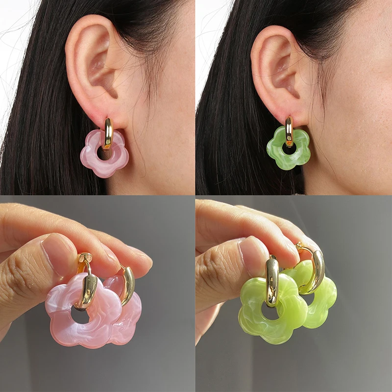 

2022 Acrylic Earrings Flowers Resin Drops Glue Simple Round Hollow Copper Girls Jewelry Cute Party Personality Present Accessory