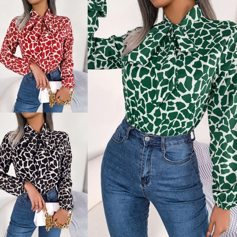 

Chiffon Blouses Bows Tie Lantern Long-sleeved Button Down Printed Shirt Leisure Simple Ruffle Shirt for Office Women