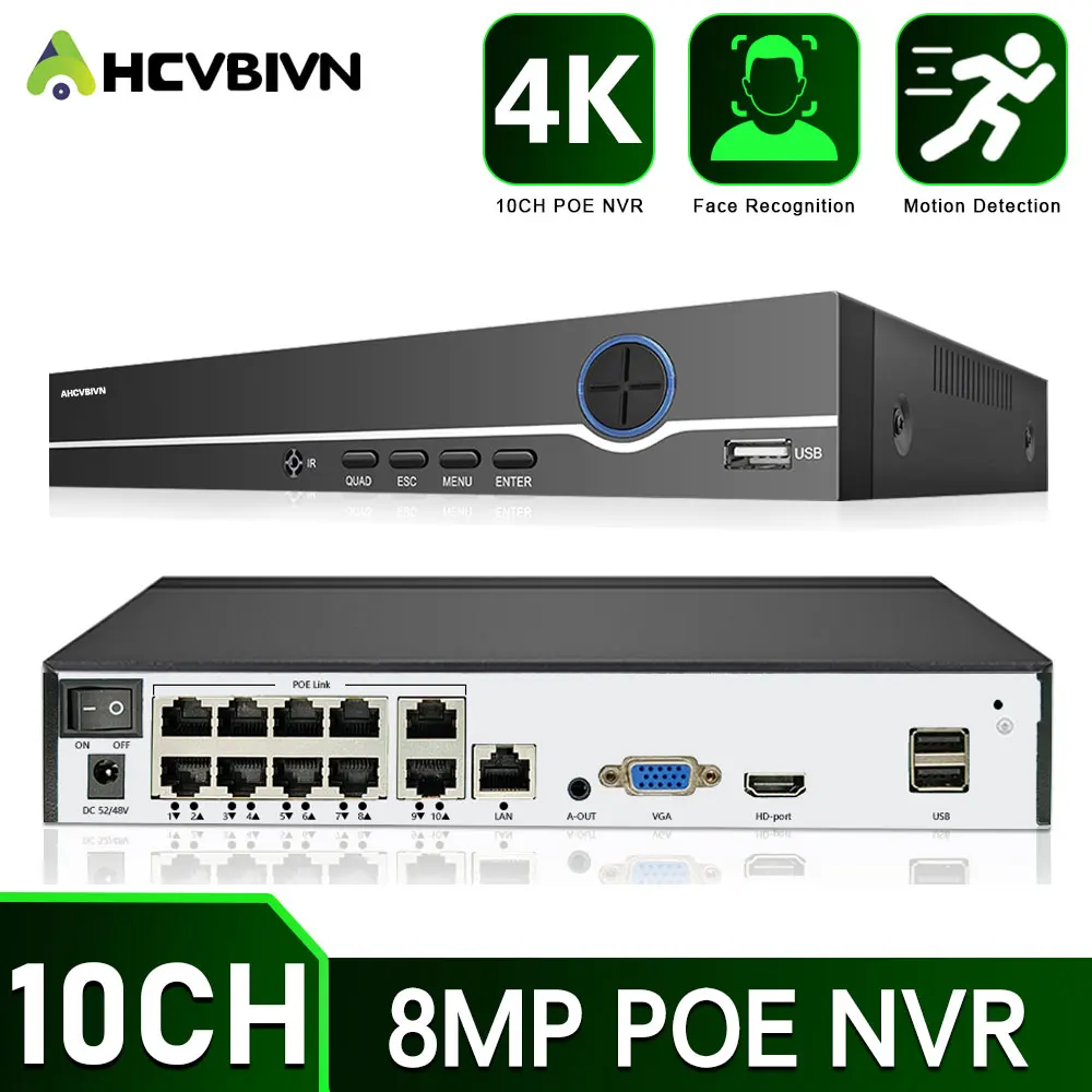 

CCTV 4K 8MP Security Camera NVR System 10CH POE NVR Recorder H.265 Face Detection 8+2Channel Network Surveillance Video Recorder