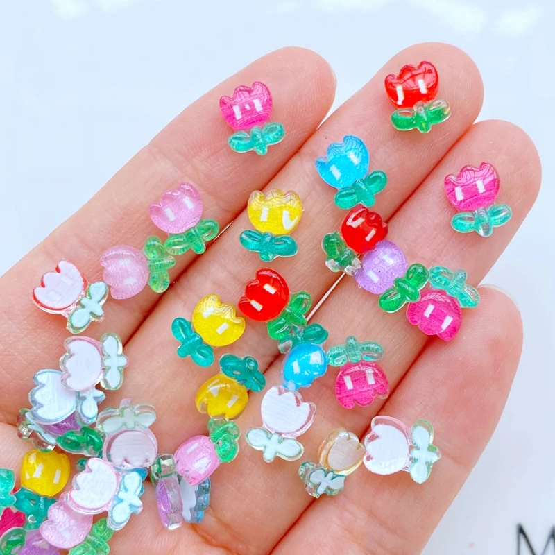 

50pcs Resin Colorful 3D Mini Tulip Flower Flatback Stone Scrapbook Applique Figurines DIY Wedding Embellishment Manicure Craft