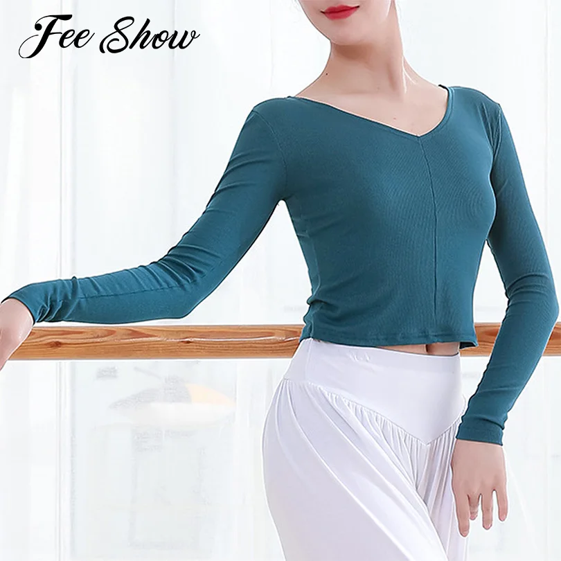 

Women V-Neck Long Sleeve Stretchy Breathable Crop Tops Shirt Training Dance Top for Classic Modern Dance Competition Performance