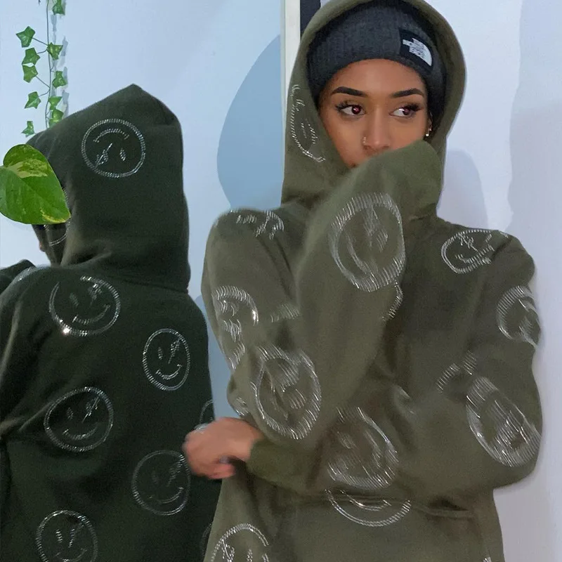 

Женские толстовки большого размера, винтажная Толстовка в стиле Харадзюку со смайликом и блестками, пуловеры в стиле, панк с карманом-кенгу...