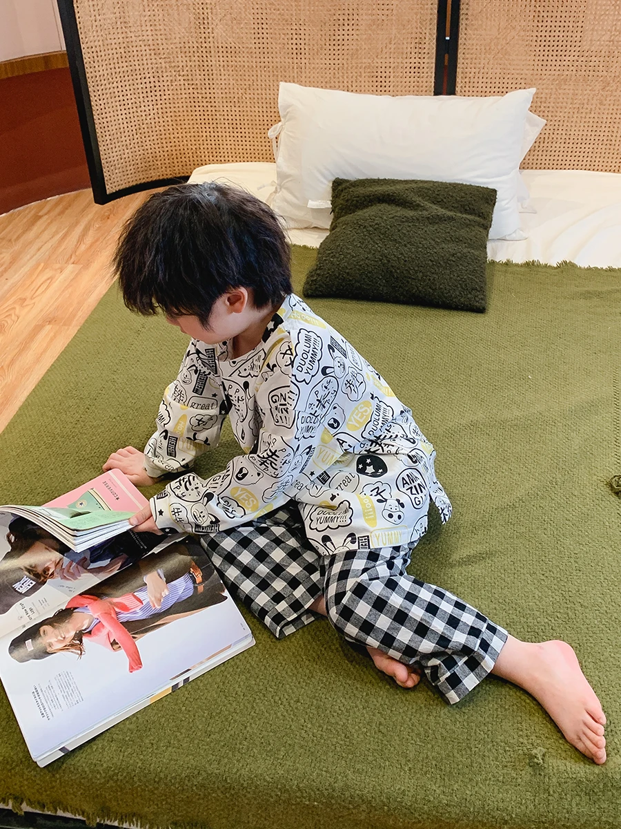 

Children's Pajamas Boys' Long-Sleeved Spring and Autumn Thin Cotton Suit Cartoon Loose Boys' Children Toddler Baby Homewear