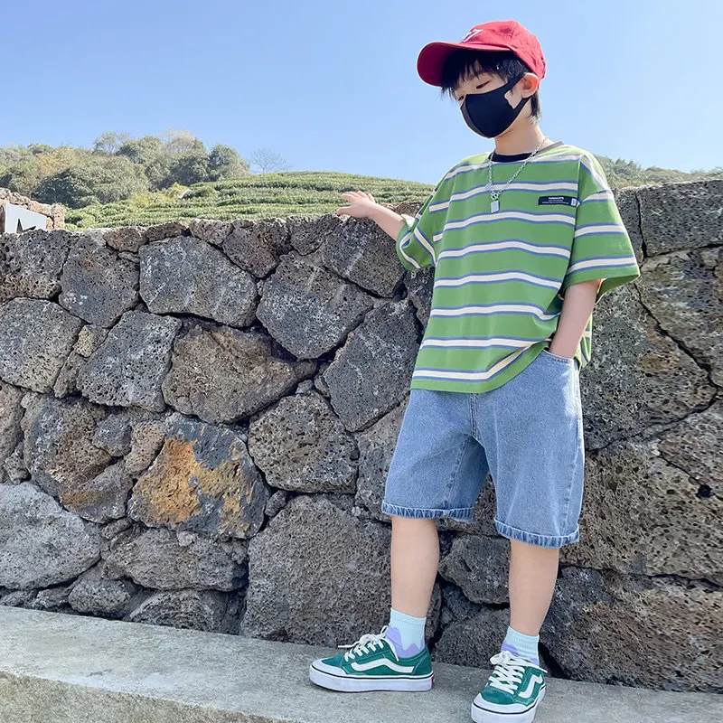 Teen Boys Suit 2022 New Summer Striped Print Short-Sleeved T-shirt+Denim Shorts 2pcs 5-14Y Children's Clothing Set High Quality
