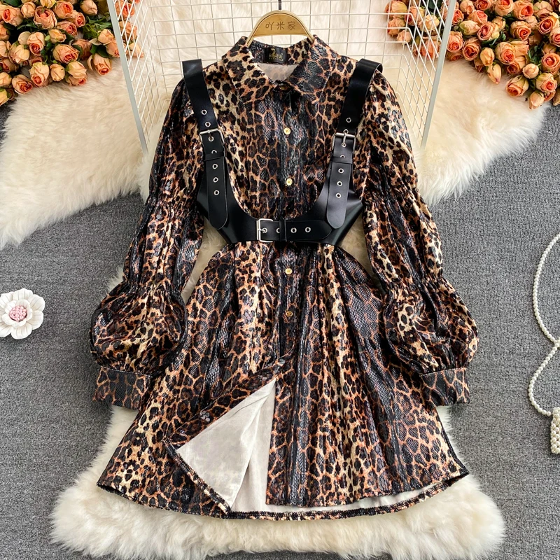 

Autumn/winter New Fashion Snake Print Lantern Sleeve Single Breasted Lapel Dress PU Waistcoat Two-piece Vest