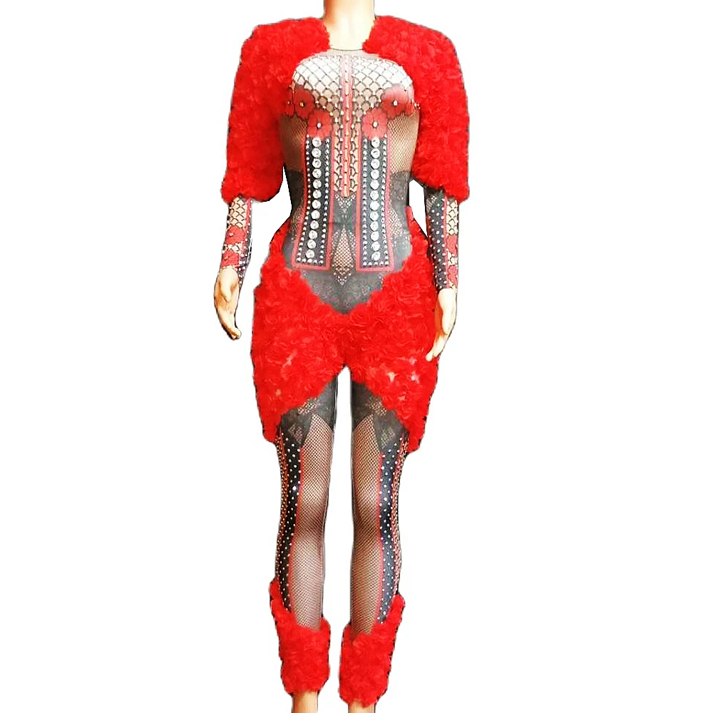 

Glisten Rhinestones Red Stretch Jumpsuit Long Sleeve Skinny Bodysuits Nightclub Singer Costume Stage Dance DS Performance Laides