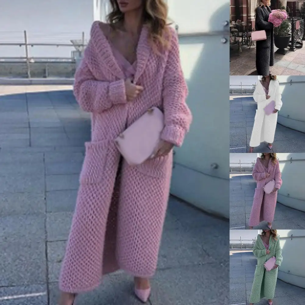 

Casual Office Lady Cardigan Lapel Autumn Winter Lapel Long Sleeve Warm Sweater Coat Women Long Cardigan Knitted Jacket