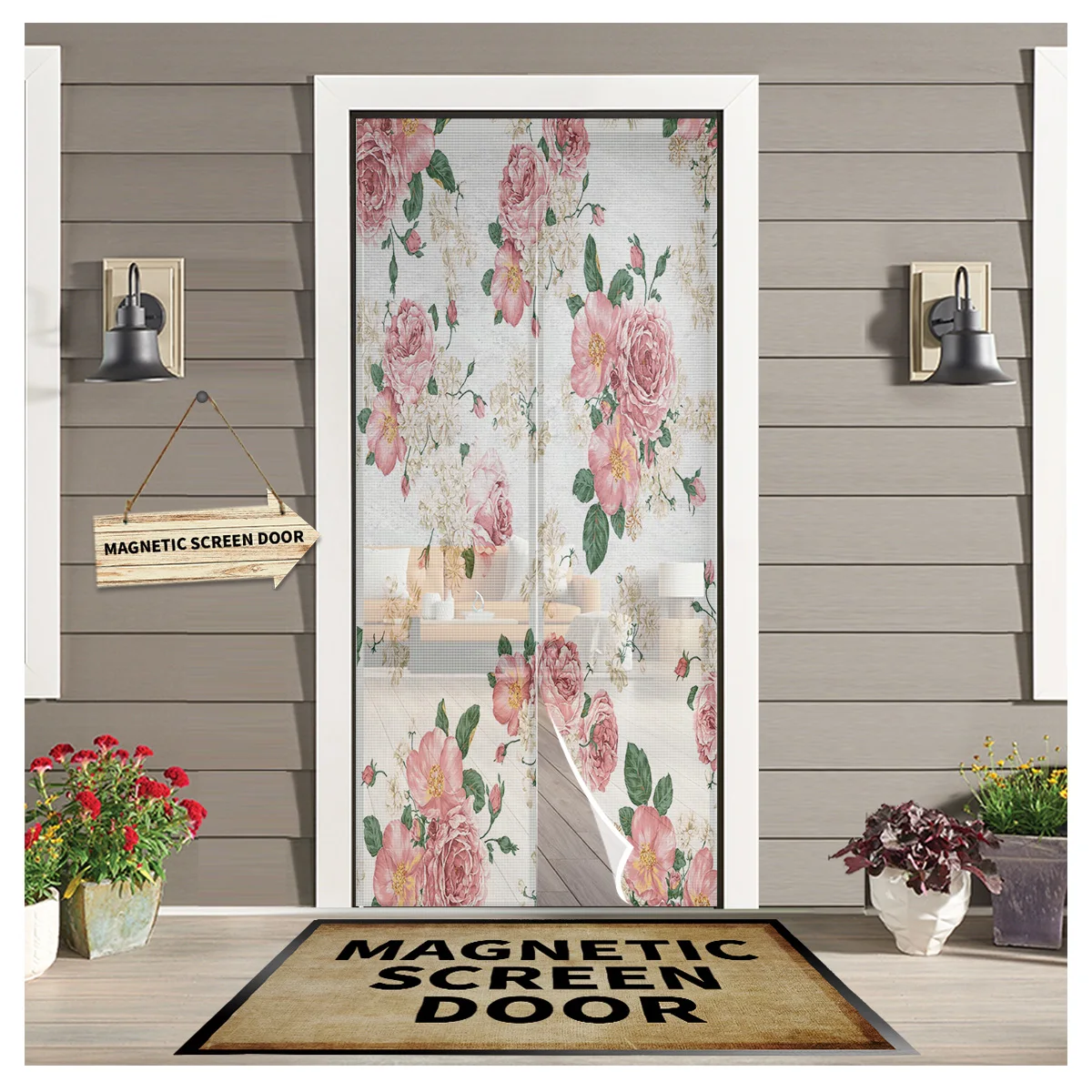 

Штора на дверь, москитная сетка с цветами, розовыми и зелеными листьями, розовая, для дома и кухни, магнитная подвесная