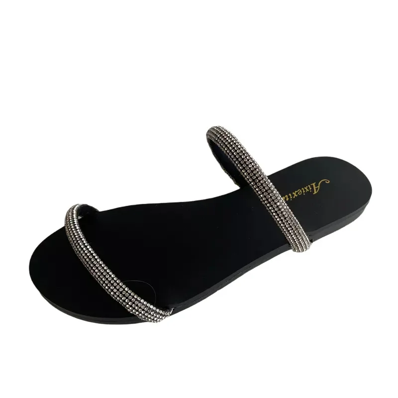 2021 summer new flat-bottomed flat-heeled flip-flops Korean version women's sandals all-match rhinestone beach women's slippers