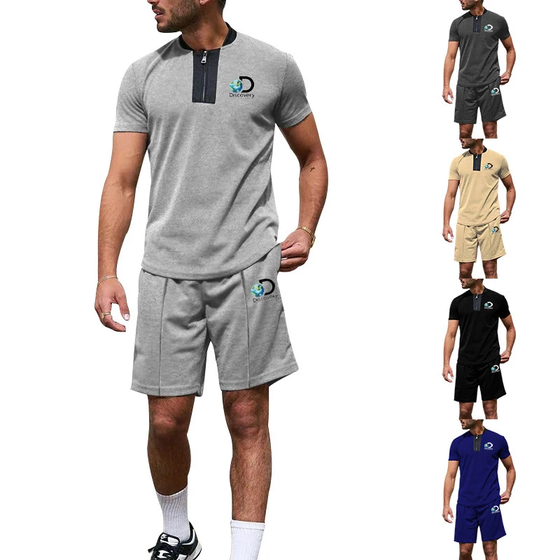 

Summer new men's sports suit casual zipper short sleeve drawstring shorts jogging 2-piece set men's loose sportswear