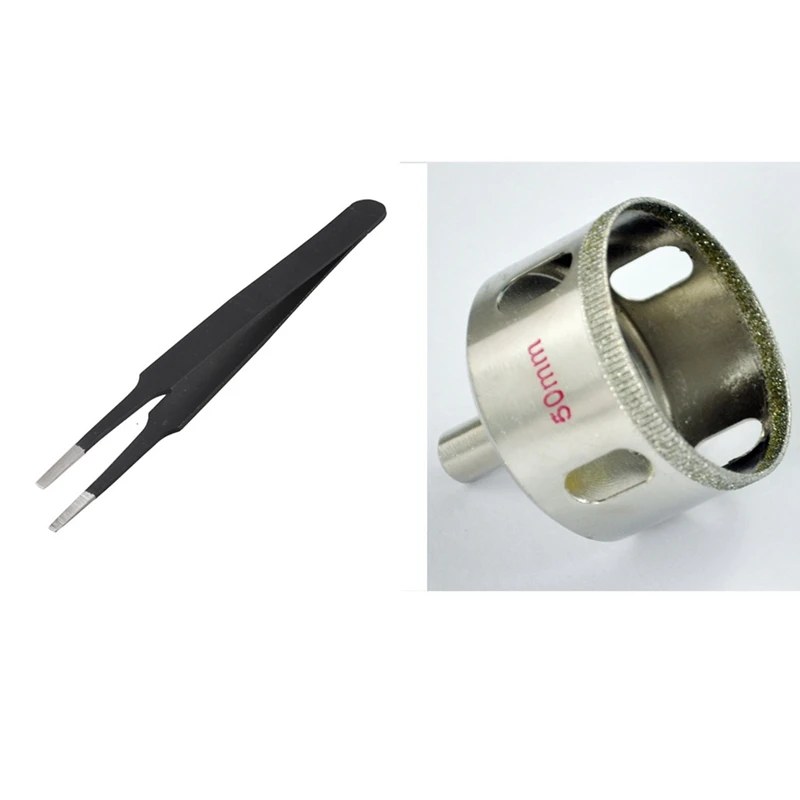 

1 Pcs Silver Tone Diamond Tipped Glass Drilling Hole Saw 50Mm & 1 Pcs Flat Square Tip Stainless Steel Straight Tweezers