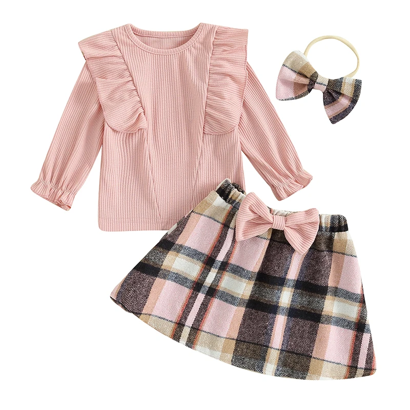 

Toddler Baby Girl Outfit Rib Flare Sleeve Shirt Campus Style Plaid Skirt Set Ruffle Bow Headband Winter Clothes