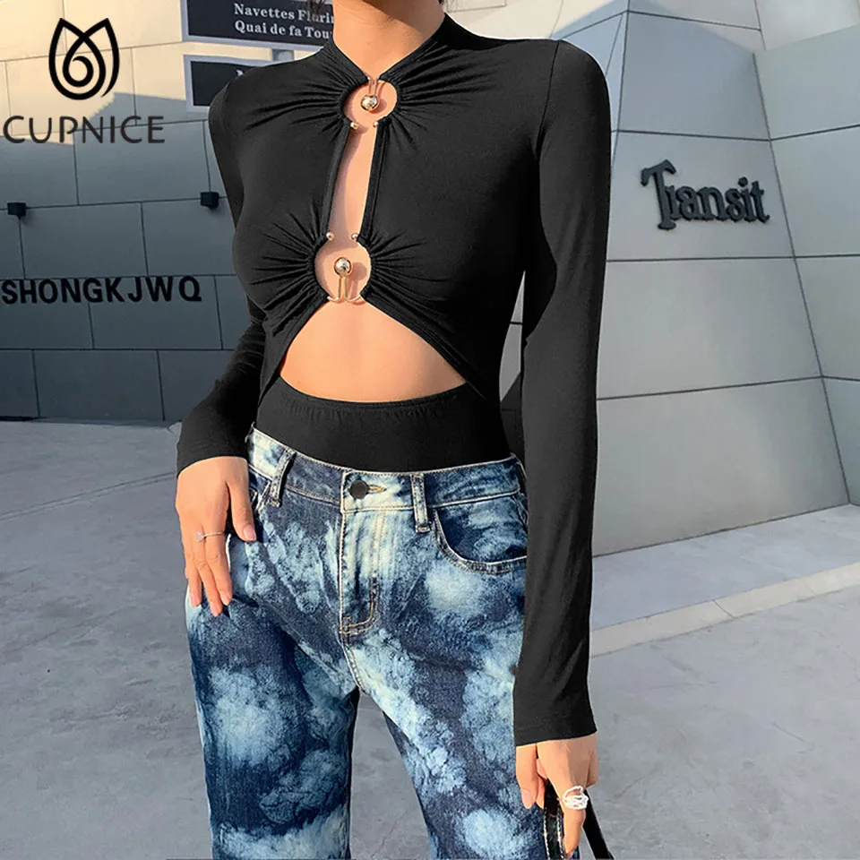 

CUPNICE Spring/autumn Long Sleeve Sexy Hollow Out Slim Fit Solid Color Romper Fashion Women O-neck Navelless Pullover Bodysuit
