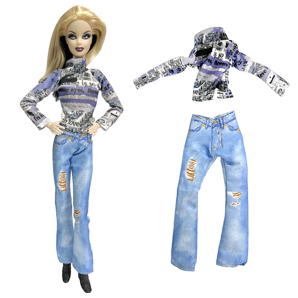 

NK Official Fashion street graffiti suit cool Shirt imitation denim hole pants For Barbie 1/6 Accessories Toys