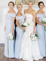 simple design off the shoulder light blue spandex wedding guest gown long bridesmaid dresses