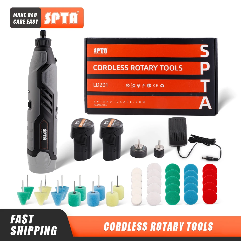 SPTA 12V Portable Mini Cordless Car Polisher Handheld Detail Rotary Polishing Machine Set with 39Pc Buffing Pads