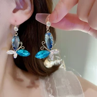 cute fashion blue crystal butterfly women earring aaa bling shine rhinestone cz stud earrings wedding engagement jewelry pendant