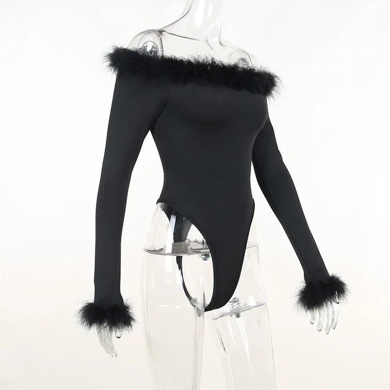 Summer 2023 Casual New High Waist Bodysuit Sexy Off Shoulder Feather Stitching Rompers Women Black Slim Fit Long Sleeve Playsuit