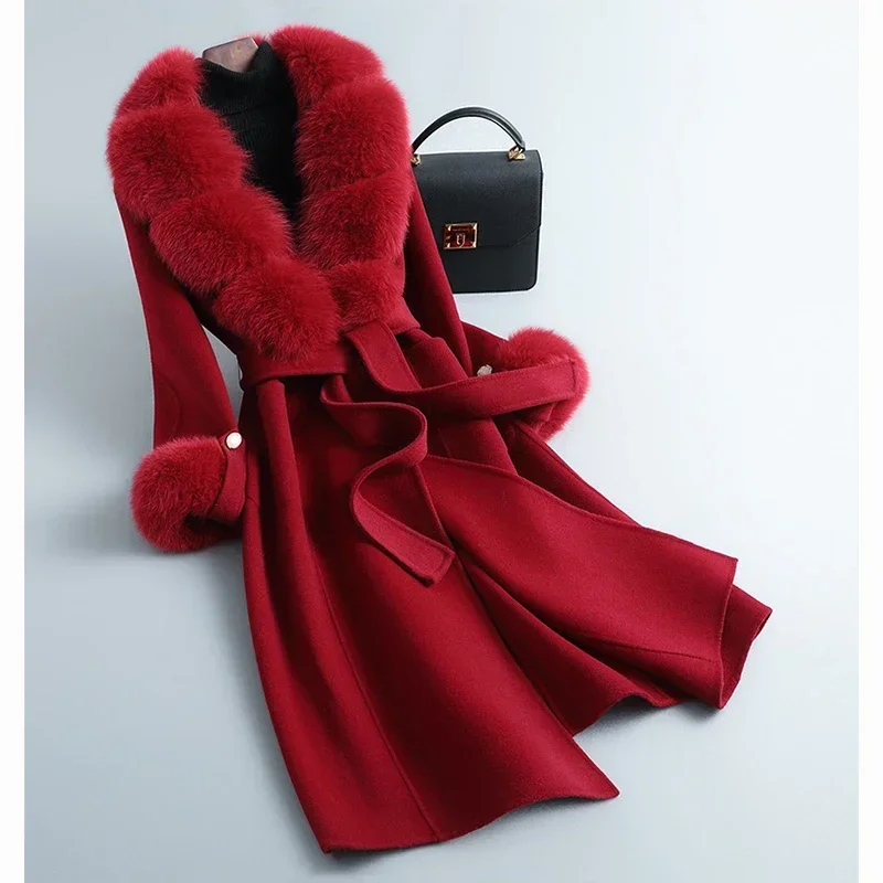 

Женское двухстороннее шерстяное пальто ручной работы, теплое длинное пальто красного цвета с воротником из натурального меха лисы, зима 100%