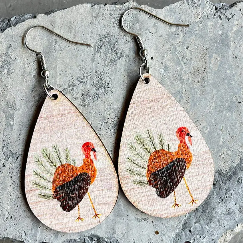 Женские деревянные серьги-капельки с рисунком в виде грибов | Серьги-подвески