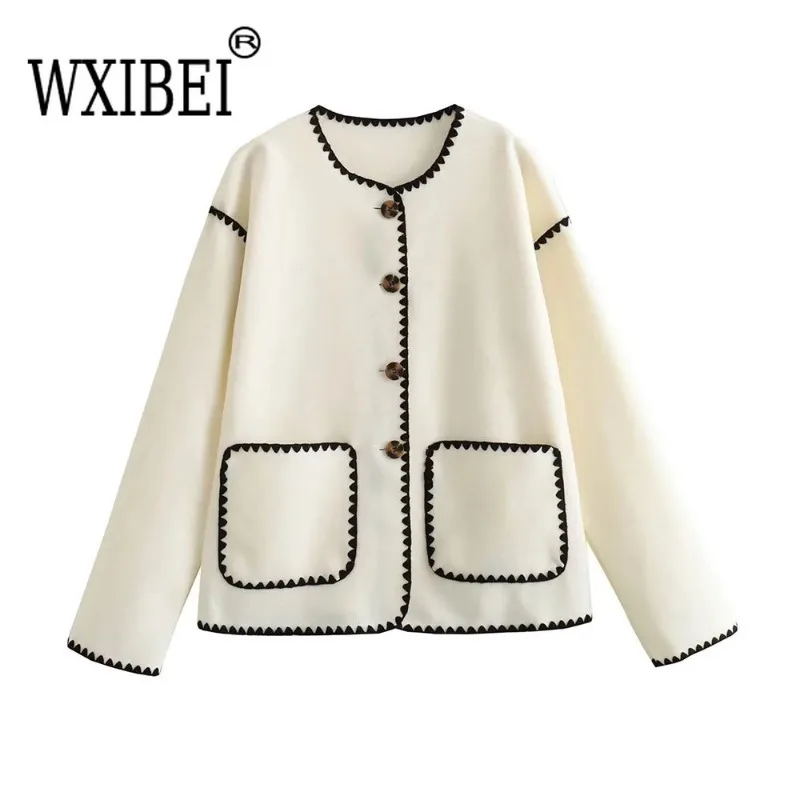 Женская модная контрастная свободная шерстяная куртка с карманами пальто