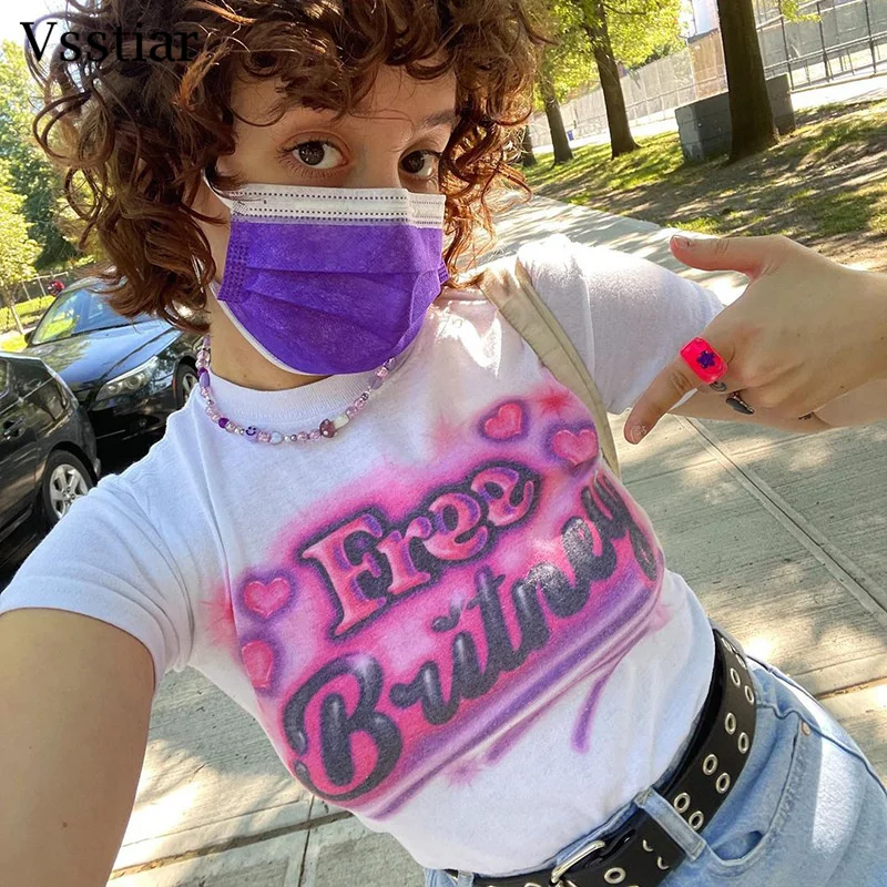 

Женская летняя футболка с коротким рукавом Vsstiar Y2K повседневная с буквенным принтом