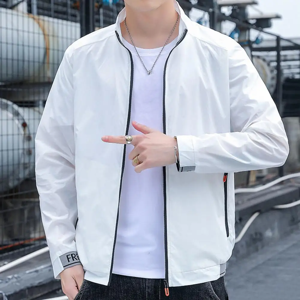 

Men Jacket Long Sleeve Pocket Zipper Men Sunscreen Coat Solid Color Stand-up Collar Male Jacket Loose Elastic Cuff Men Coat