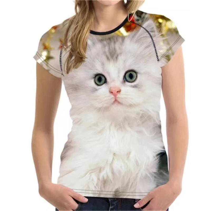 

Fashion Womens T-shirt 3D Kawaii Cat Print Tees Tops 2023New Animal Short Sleeve T Shirt Oversized Loose Woman Clothes