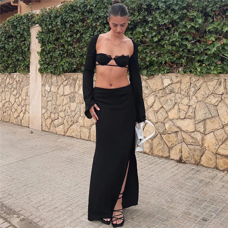 

Autumn Sexy Dress Sets for Women 2022 Fashion Strapless Lace Top and Skirt Cardigans 3 Piece Sets Matching Sets Partywear