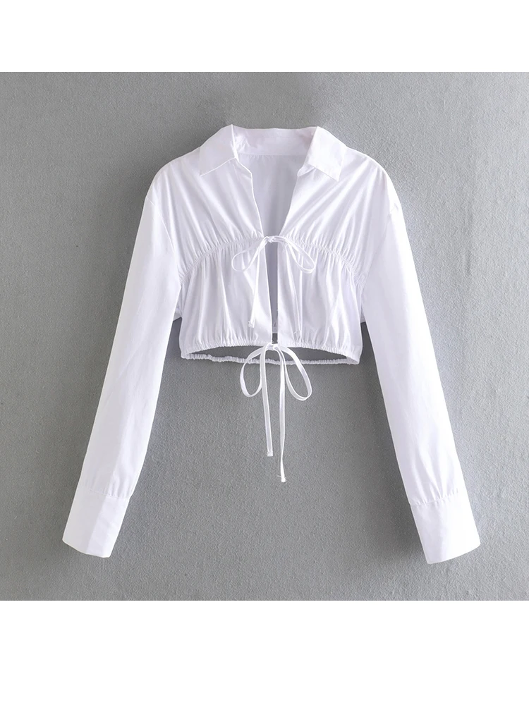

Women Sexy Drawstring Bandage White Blouses 2022 Summer Long Sleeve V-neck Crop Top Shirts