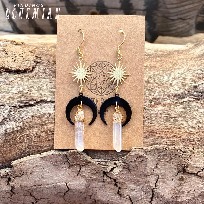 

Natural Clear Quartz Aura Crystal Earrings, Gold Sun and Black Moon Earrings, Boho Earrings, Witchy Goddess Jewelry