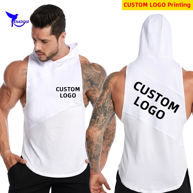 Camiseta sin mangas con logotipo personalizado para hombre, chaleco elástico de secado rápido para gimnasio y Fitness, con capucha, para entrenamiento y correr
