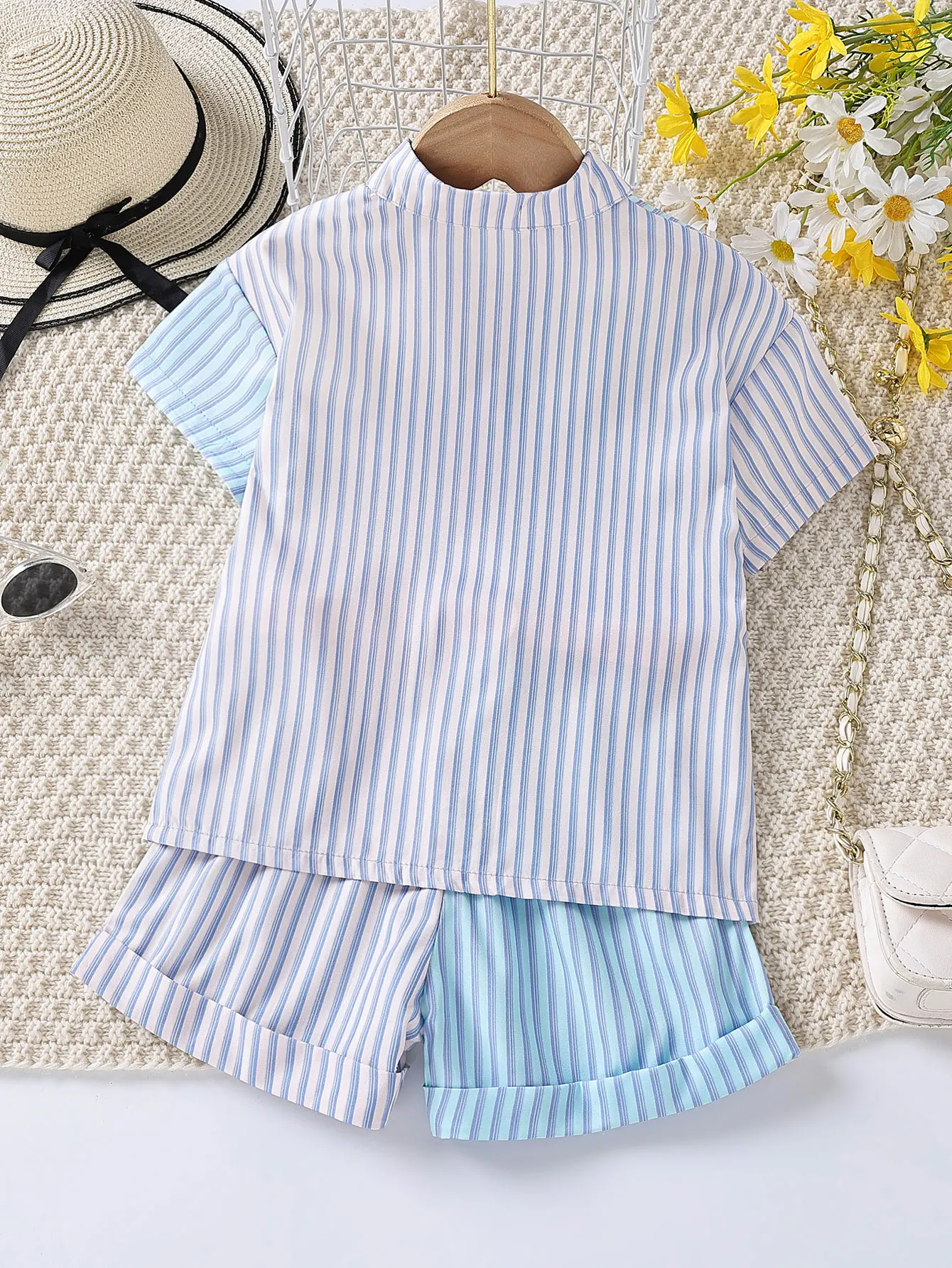 Летний комплект одежды для девочек. Повседневная полосатая рубашка из