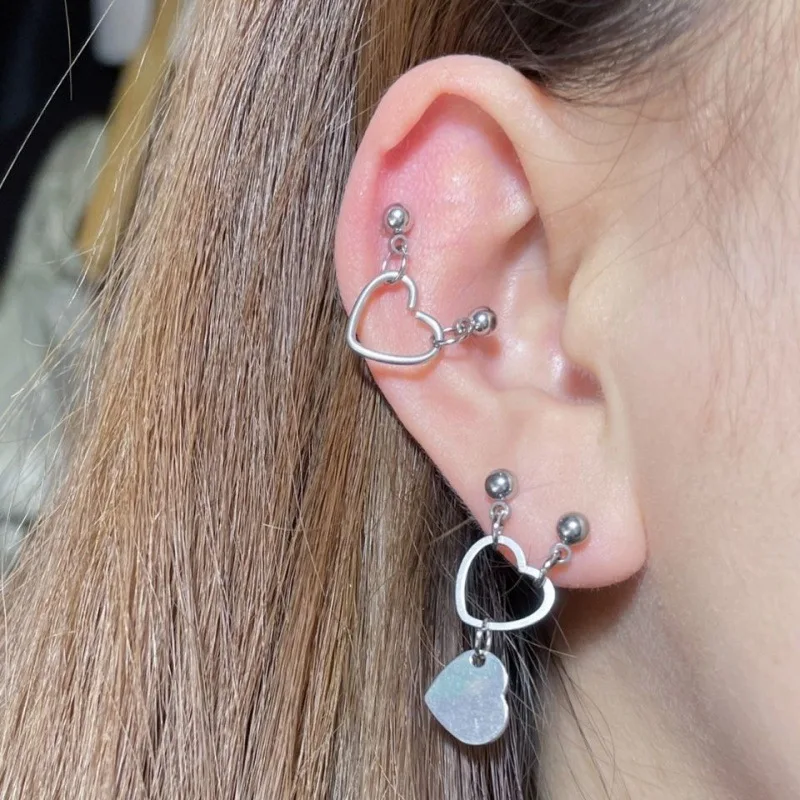 WKOUD Punk Heart Pendant Double Pierced Ears Stud Earring Ear Piercing Stainless Steel Tragus Lobe Daith Conch Helix Jewelry
