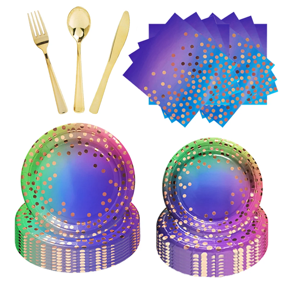 

Gold Dot Green Gradient Purple Disposable Tableware Sets Paper Cups Plates Napkins Birthday Party Baby Shower For Decoration