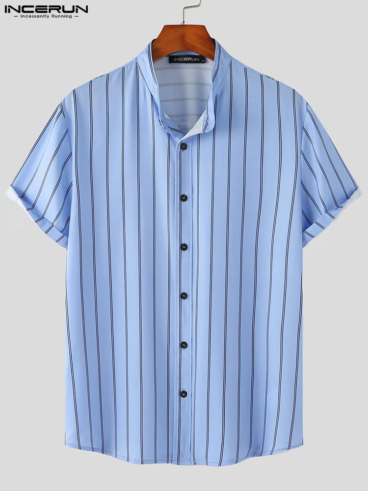 Korean Style New Men Casual Striped Blouse Fashion Male Hot Sale Stand Collar Short Sleeve Button Shirts S-5XL INCERUN Tops 2022