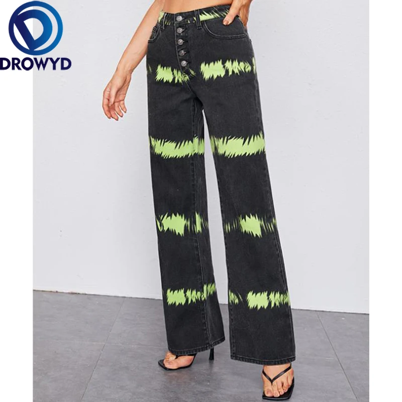 

2022 женские джинсы с принтом в полоску, стильные прямые брюки с высокой талией на весну и осень, повседневные уличные широкие брюки