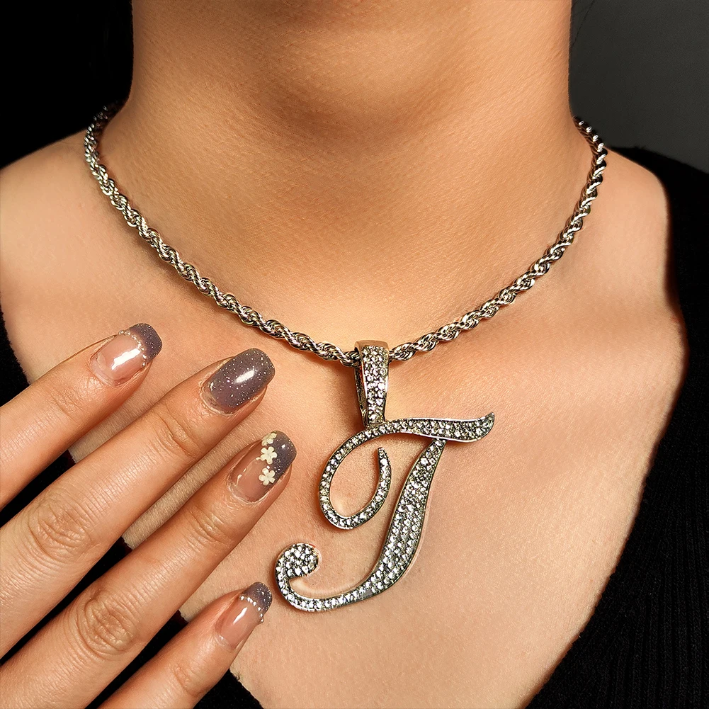 

High Quality Stainless Steel Rope Chain Necklace for Women Men Iced Out Bling A-Z Cursive Initial Name Pendant Necklace Jewelry